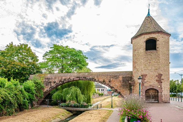 Photographie professionnelle de jour d'un lieu emblématique ou caractéristique de Haguenau, tel que le centre historique, une rue principale avec architecture locale distinctive, ou un monument/bâtiment représentatif de la ville, montrant l'ancrage territorial et la solidité locale de l'agence immobilière. L'image doit transmettre professionnalisme et confiance tout en offrant un contraste visuel distinct avec la cathédrale de Strasbourg déjà présente.